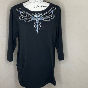 626 - Bob Mackie QVC NWOT Black/Blue Dragonfly 3/4 Sleeve Top, Size Medium